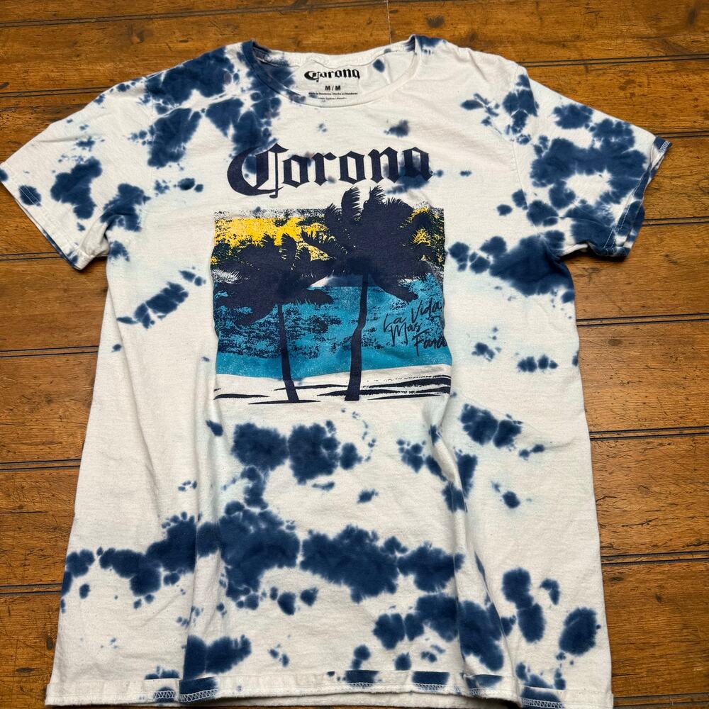 Corona‎ Tshirt white and blue paint splatter dye Preloved